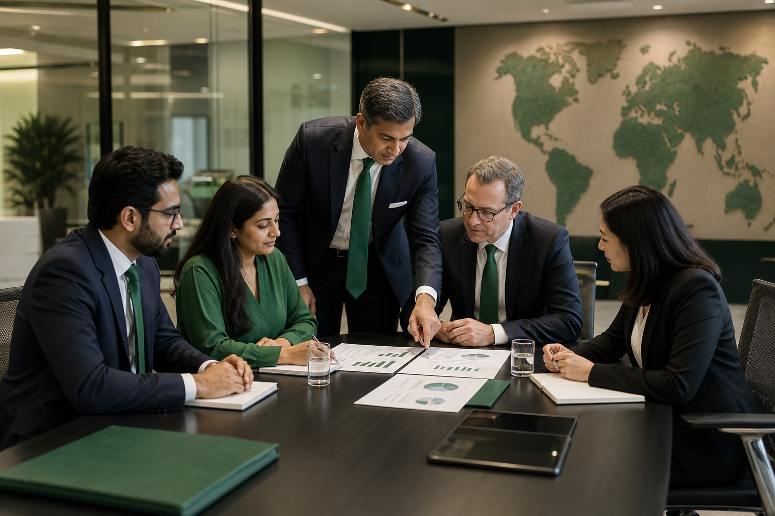International financial advisory team collaborating around a global strategy